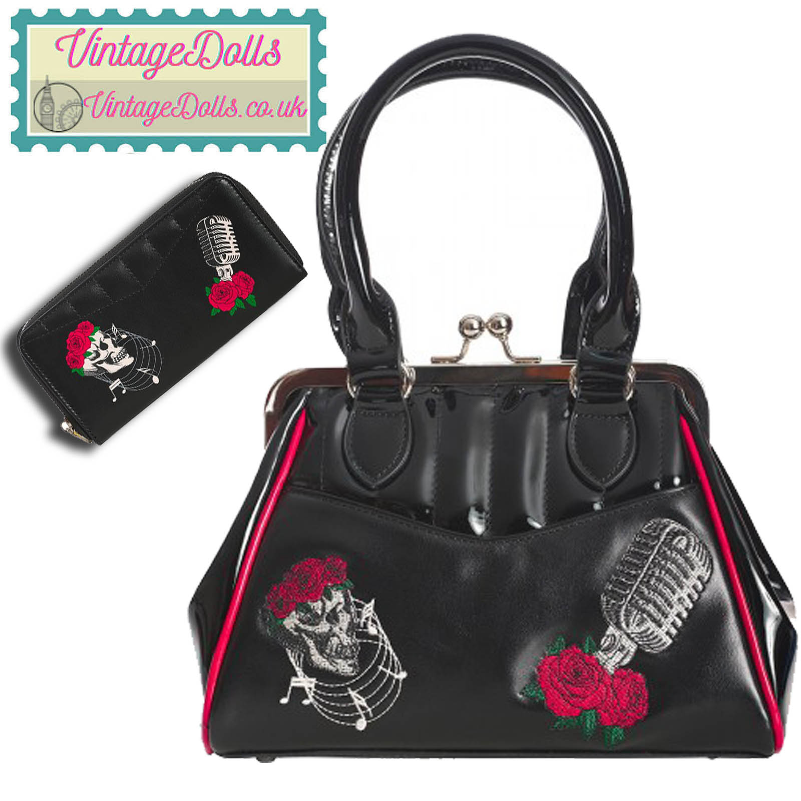 Banned Retro 50s Nashville Embroidered Skull Handbag in Patent Black 