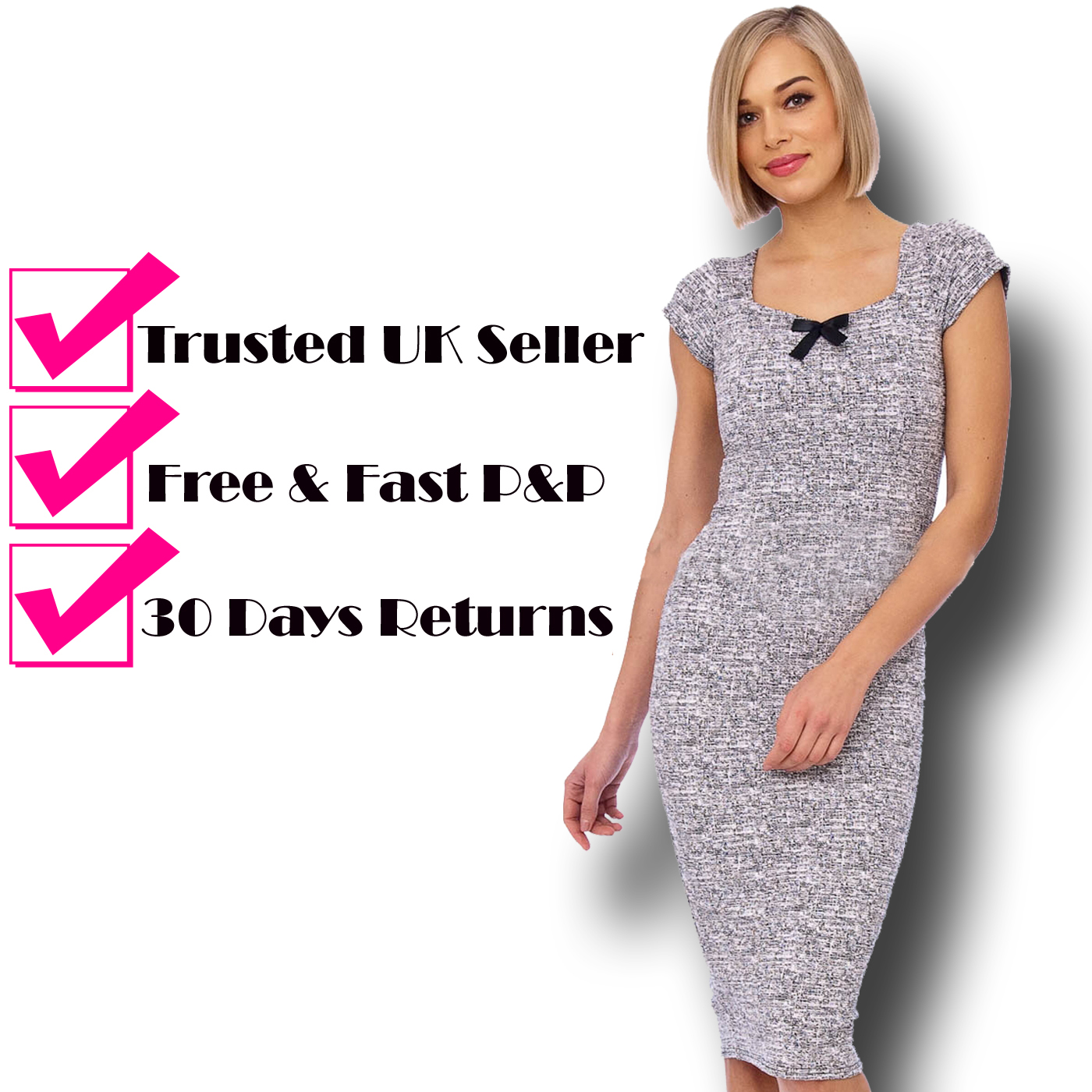 Annie 50s Bow Midi Pencil Dress In Grey Free UK P P