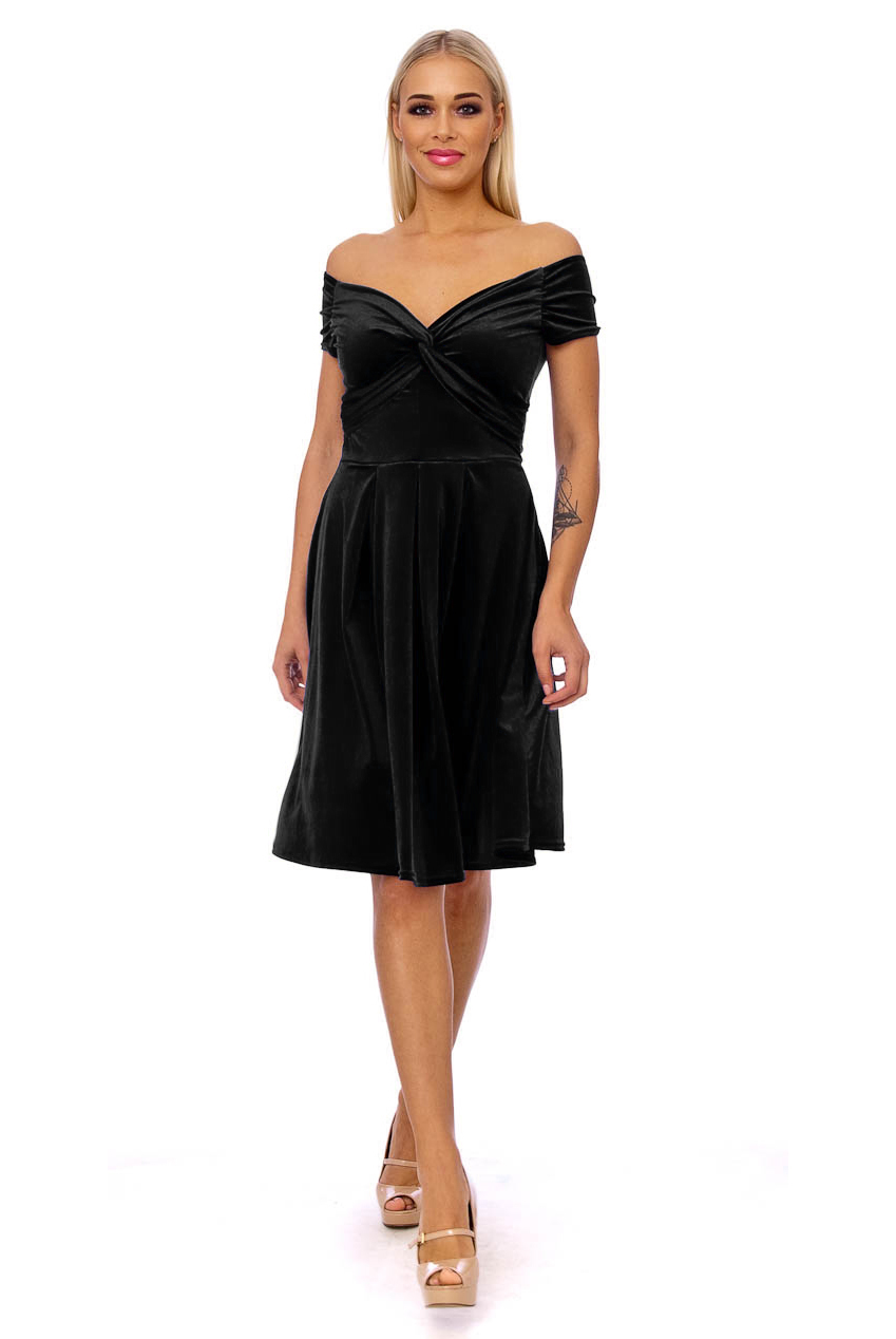 50s Lyddie Twisted Velvet Swing Dress In Black