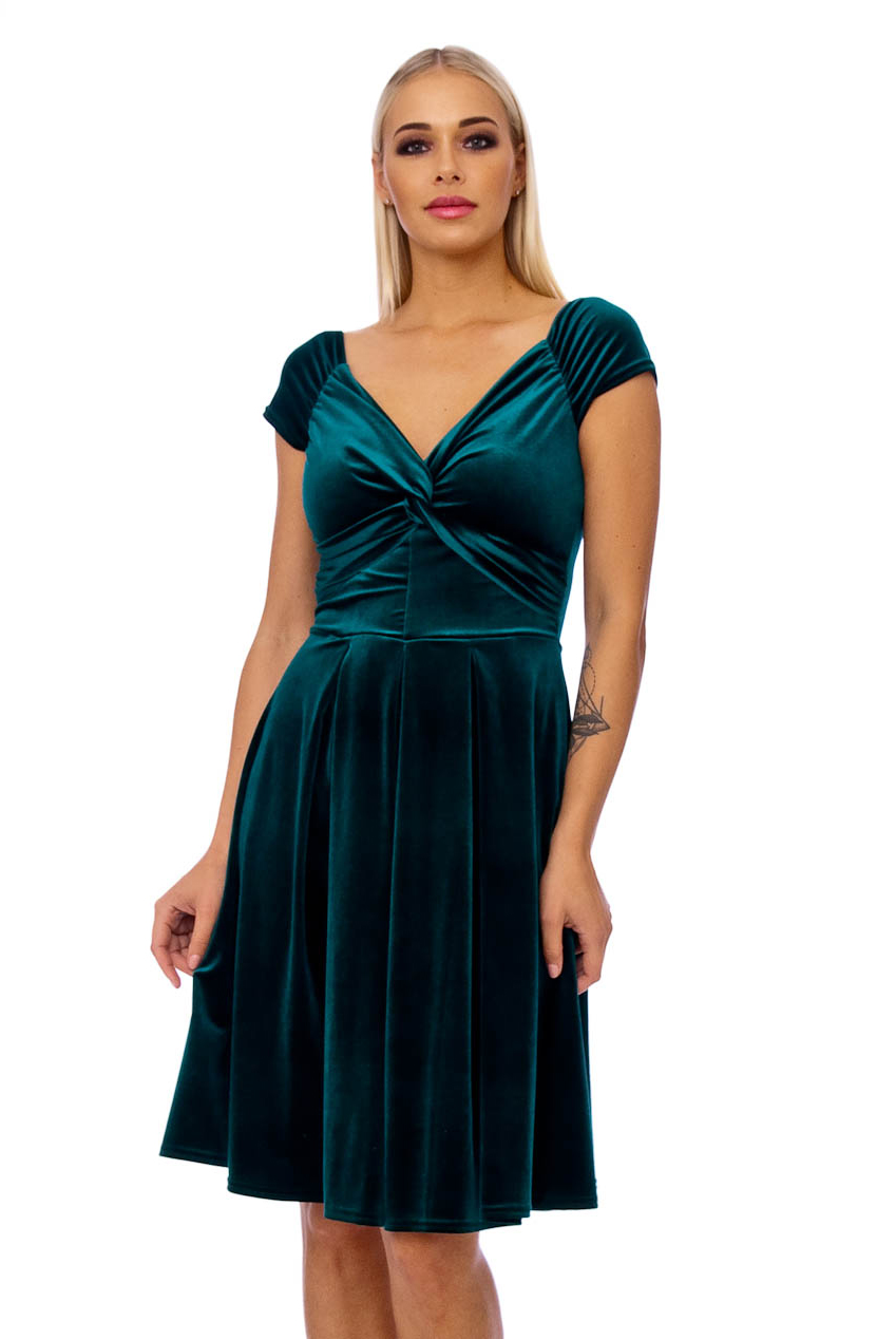 50s Lyddie Twisted Velvet Swing Dress In Green