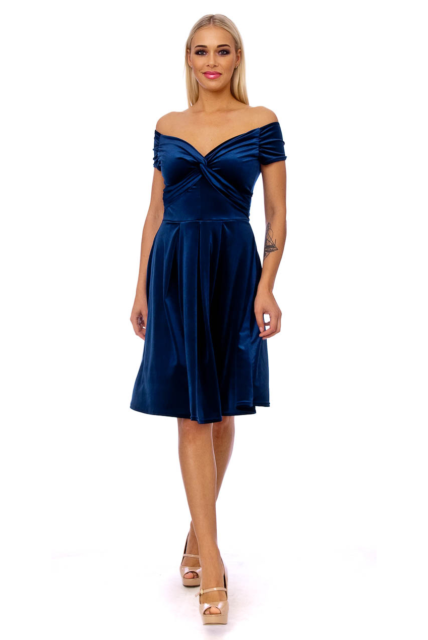 50s Lyddie Twisted Velvet Swing Dress In Navy
