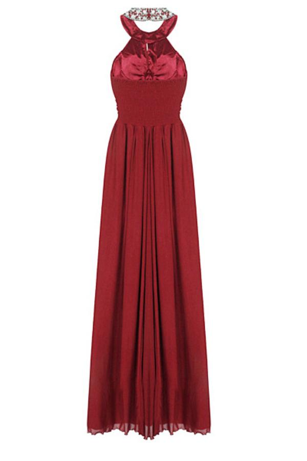 Burgundy Halter Diamante Party Dress | Open Back Long Gown | Free UK ...