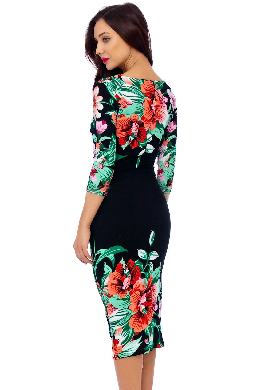 Ursula 60s Floral Wiggle Tropical Dress In Black | Free UK P&P