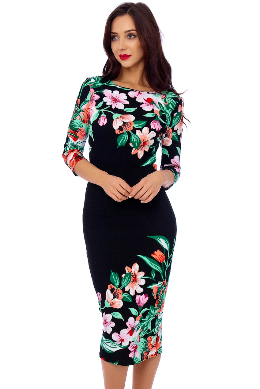 Ursula 60s Floral Wiggle Tropical Dress In Black | Free UK P&P