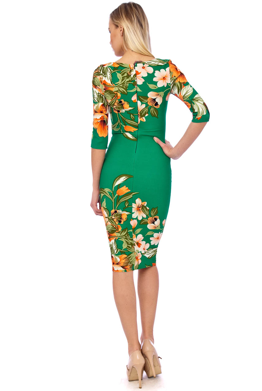 Ursula 60s Floral Wiggle Tropical Dress In Emerald