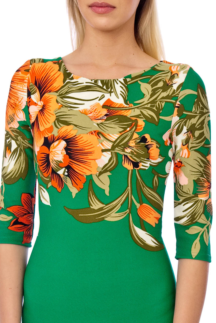 Ursula 60s Floral Wiggle Tropical Dress In Emerald
