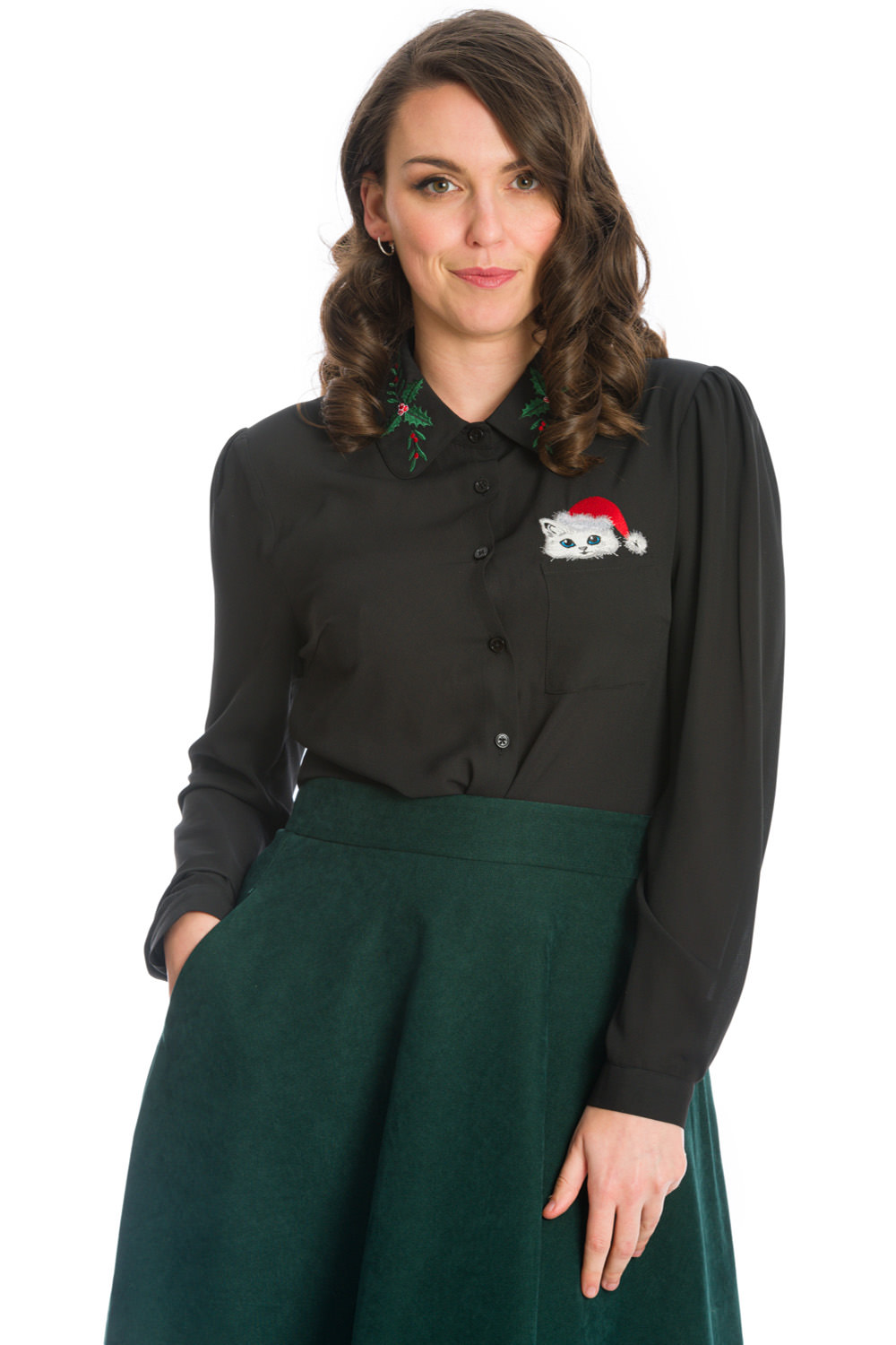 Banned Retro 50s Pocket Cat Blouse In Black
