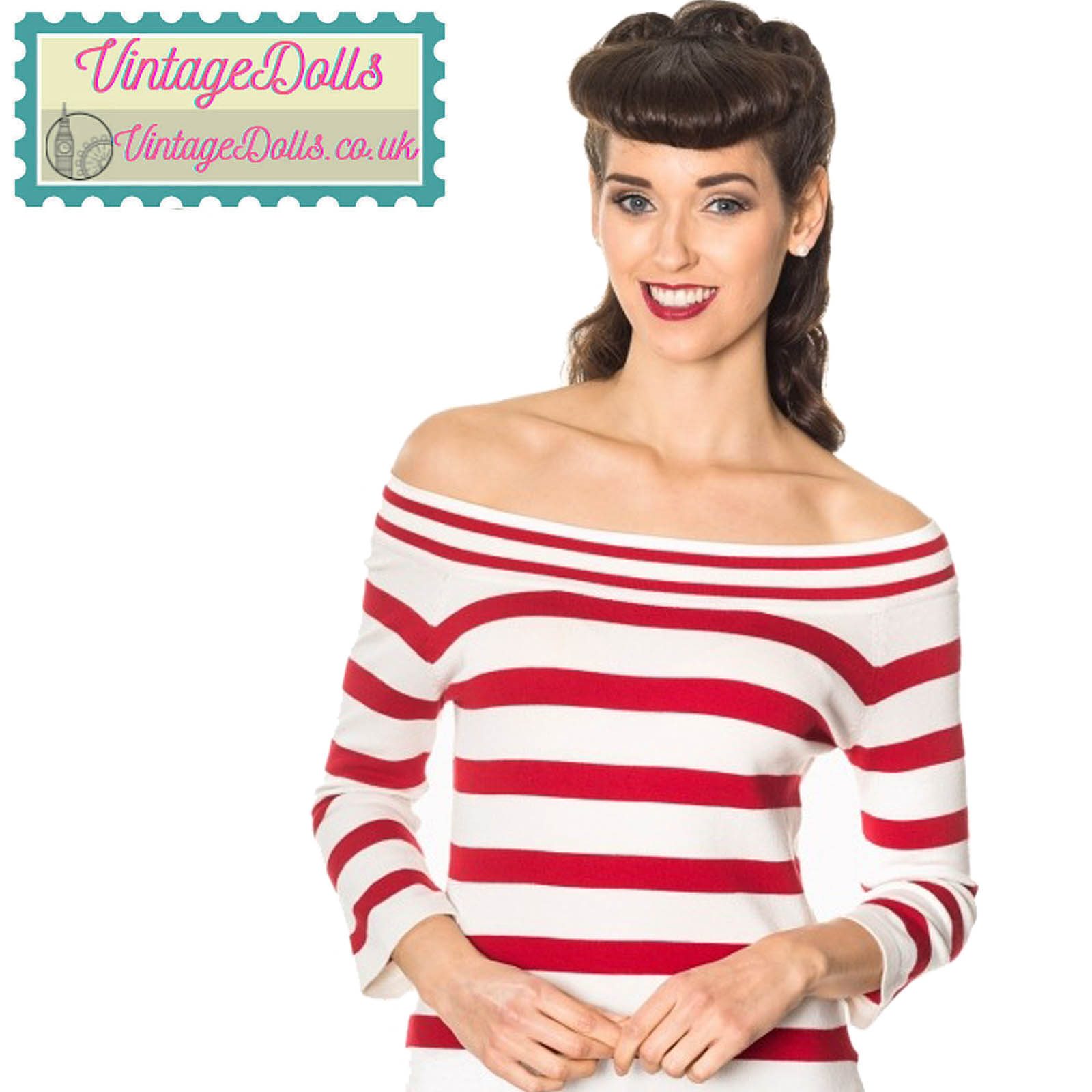 Banned Retro Ahoi Red Strip Bardot Nautical Top