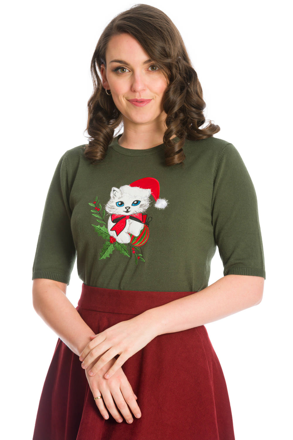 Banned Retro 50s Christmas Holly Cat Jumper in Green