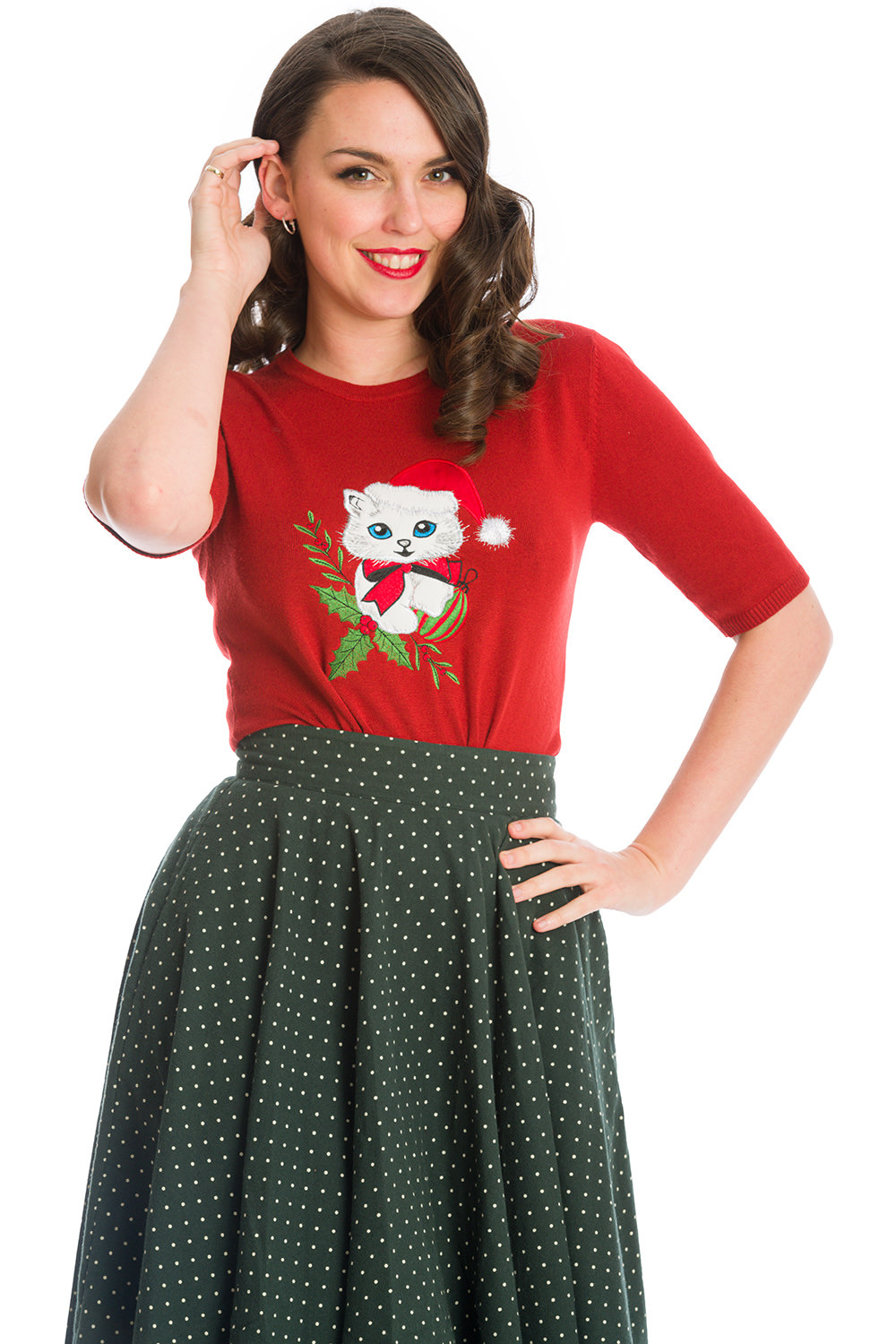 Banned Retro 50s Christmas Holly Cat Jumper in Red