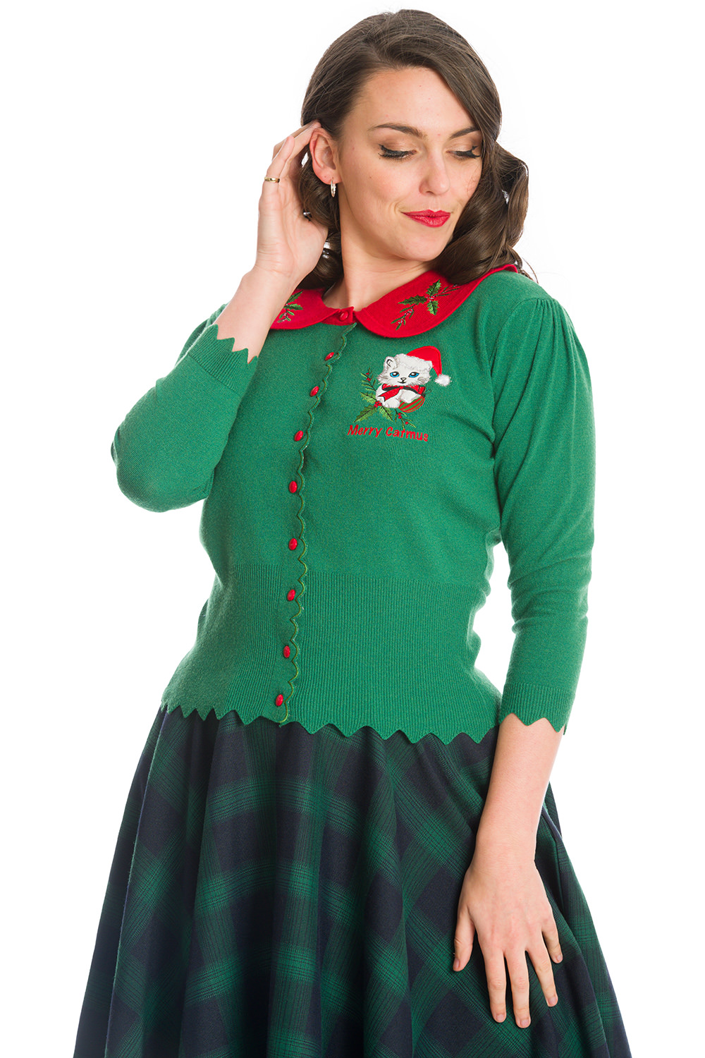 Banned Retro 50s Merry Catmas Holly Cardigan In Green