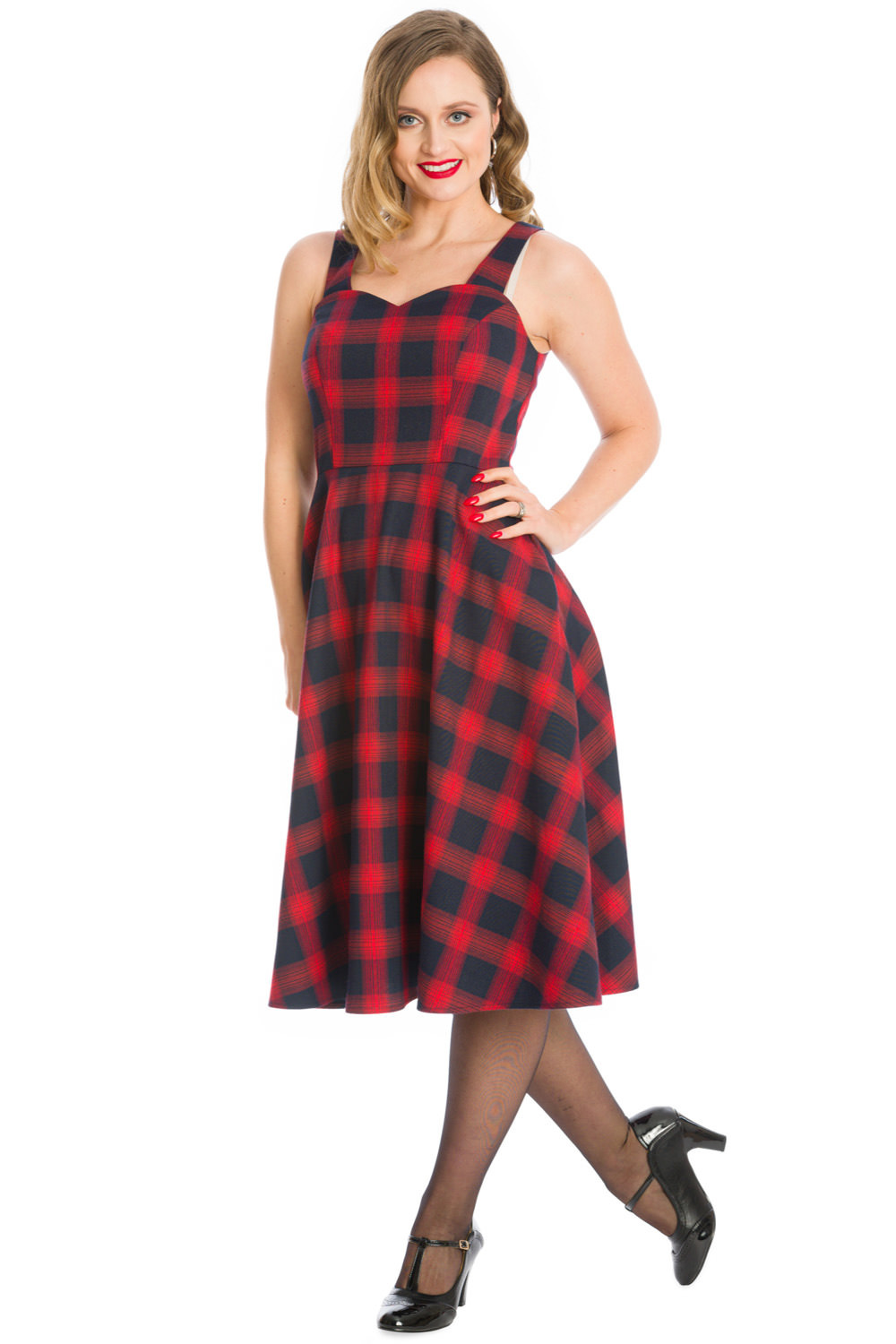 Banned Retro 50s Sweet Check Fit and Flare Swing Dress in Red