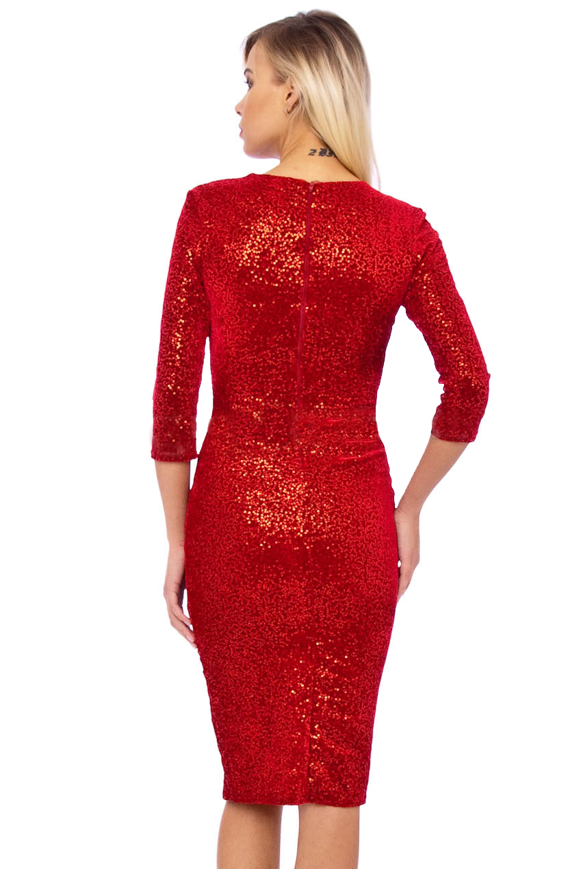 50s Beverley Red Sequin Velour Pencil Party Midi Dress