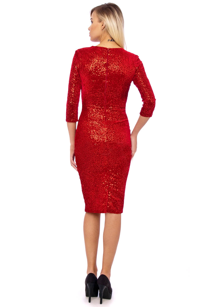 50s Beverley Red Sequin Velour Pencil Party Midi Dress