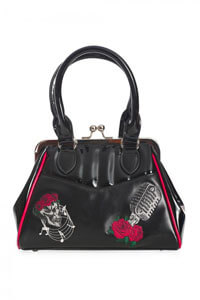 Banned Retro 50s Nashville Embroidered Skull Handbag in Patent Black 