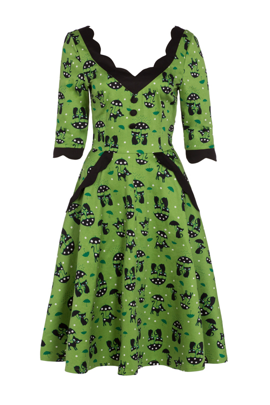 Voodoo Vixen Katniss Dress | Green Black Cat 50s Flare Dress | Free ...