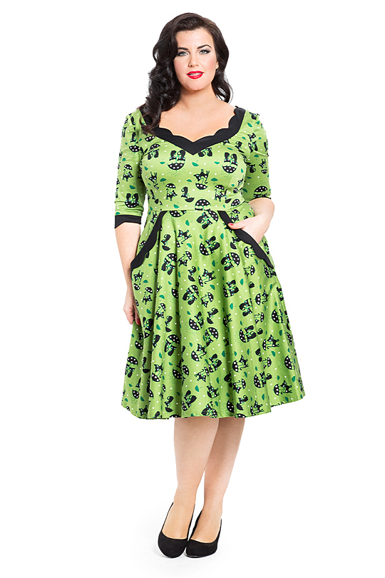 Voodoo Vixen Katniss Dress Green Black Cat 50s Flare Dress Free Delivery