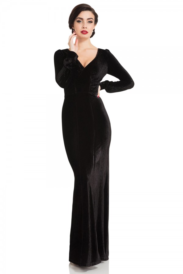 30s Vixen Molly Black Glamour Velvet Dress | Plush V-Neck Retro Dress ...
