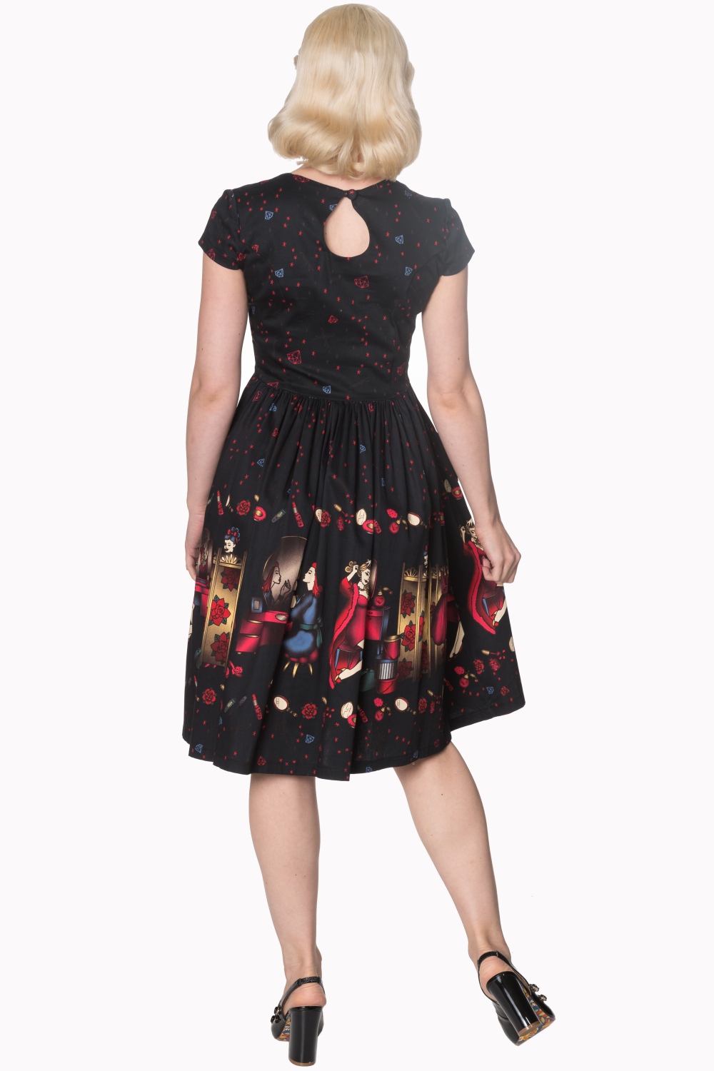 Dancing Days Vanity Hem Print Black Red 1950s Pencil Wiggle Dress 