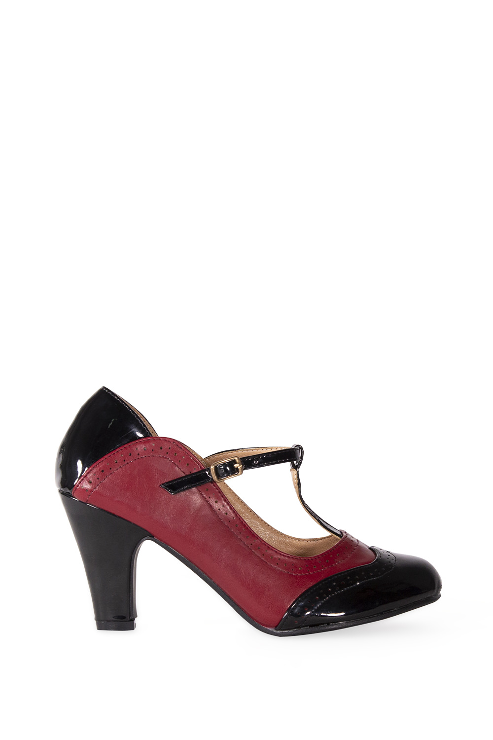 Banned Retro 50s Diva Blues T Strap Pumps In Burgundy And Black