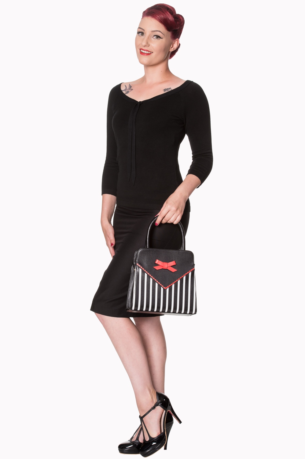 Luxurious 50s Cream Black White Stripes Rockabilly Tote Bag