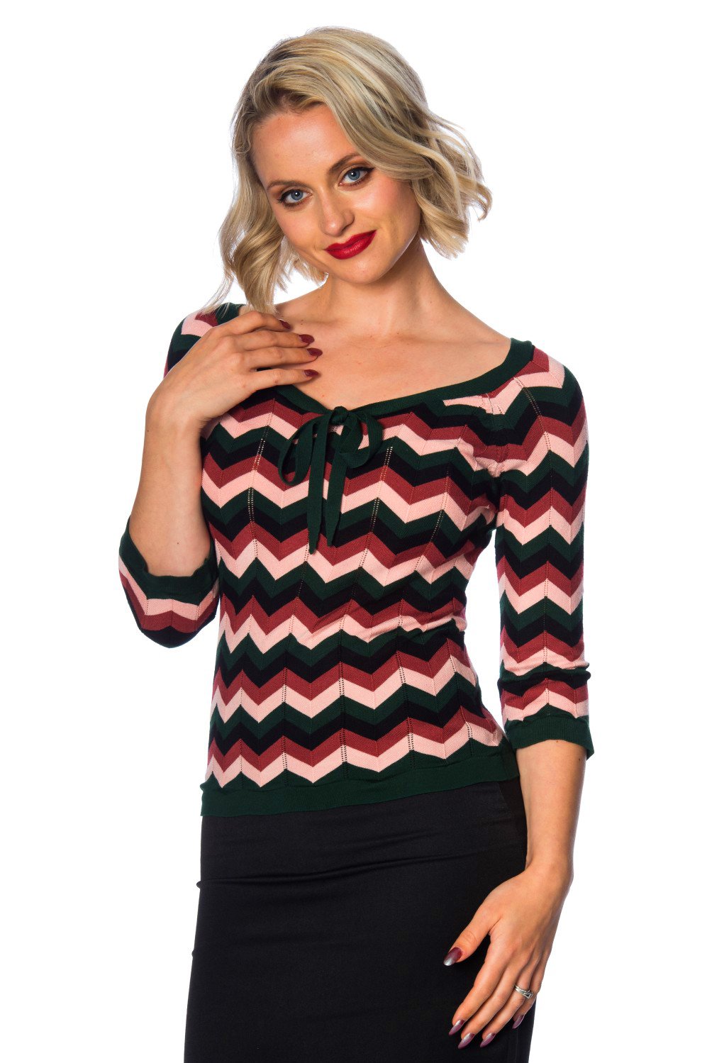 Banned Retro 60s Zooey Zig Zag Bow Green Pink Top