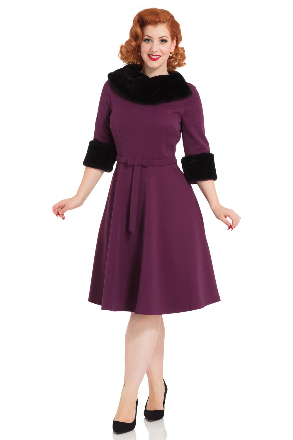 Vixen 40s Belle Faux Fur Collar Dress In Purple