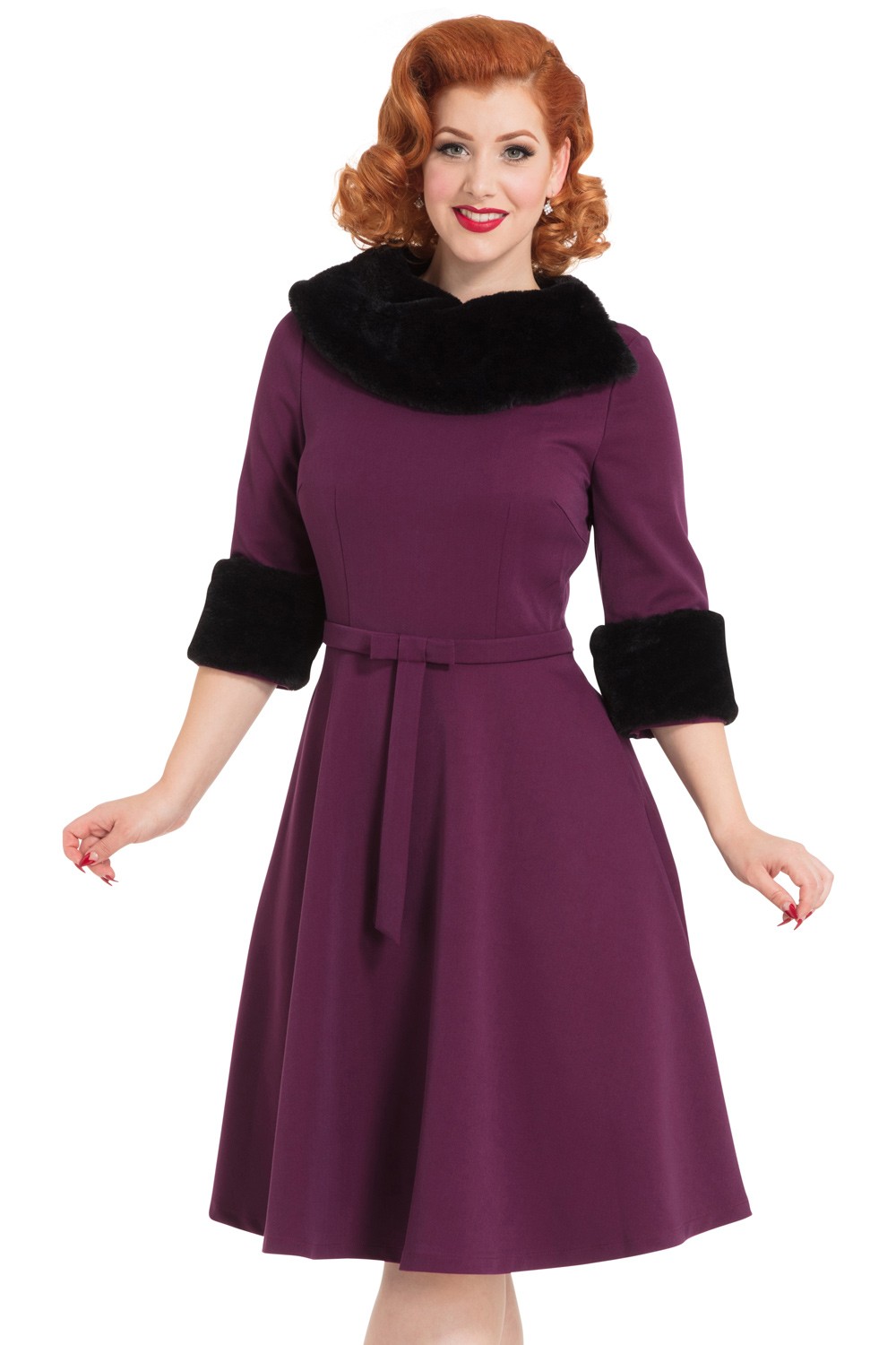 Vixen 40s Belle Faux Fur Collar Dress In Purple