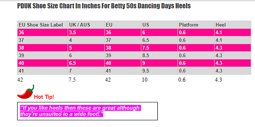 Dancing Days Betty T Bar Shoes Size Chart