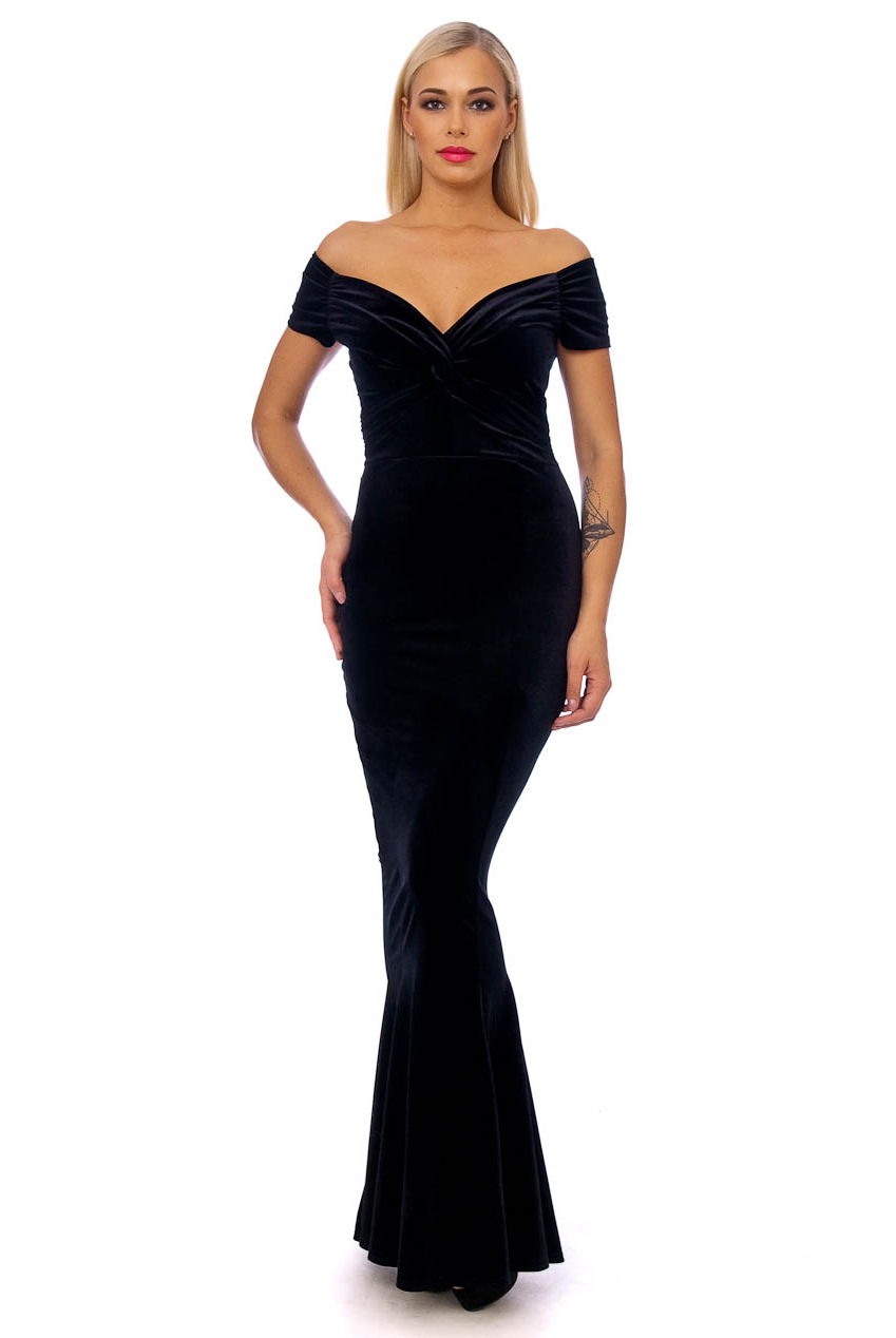 Vintage 50s Paloma Black Velvet Fishtail Maxi Dress
