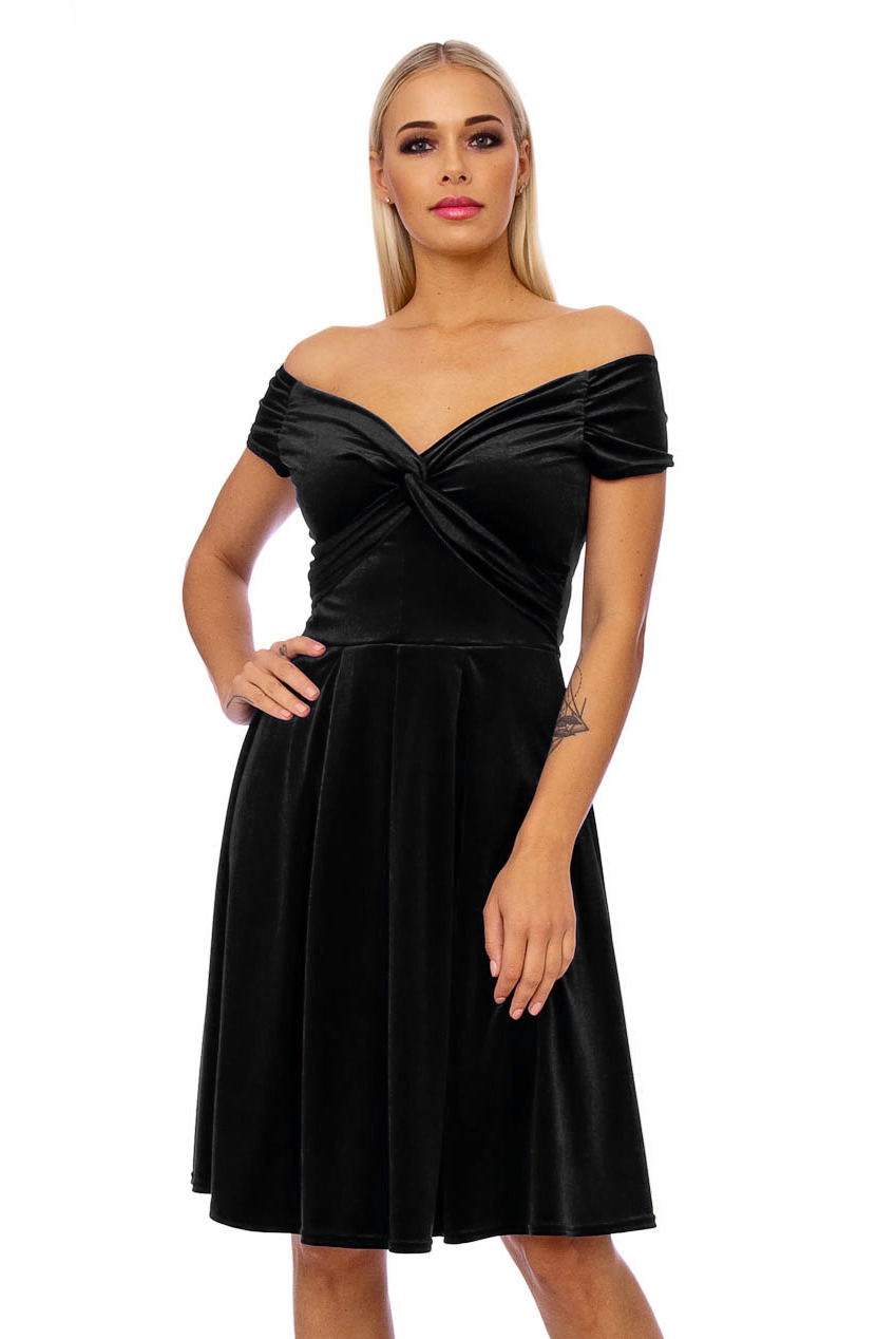 50s Lyddie Twisted Velvet Swing Dress In Black
