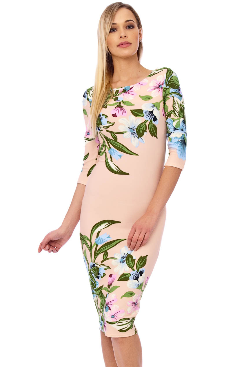 Ursula 60s Floral Wiggle Dress In Nude