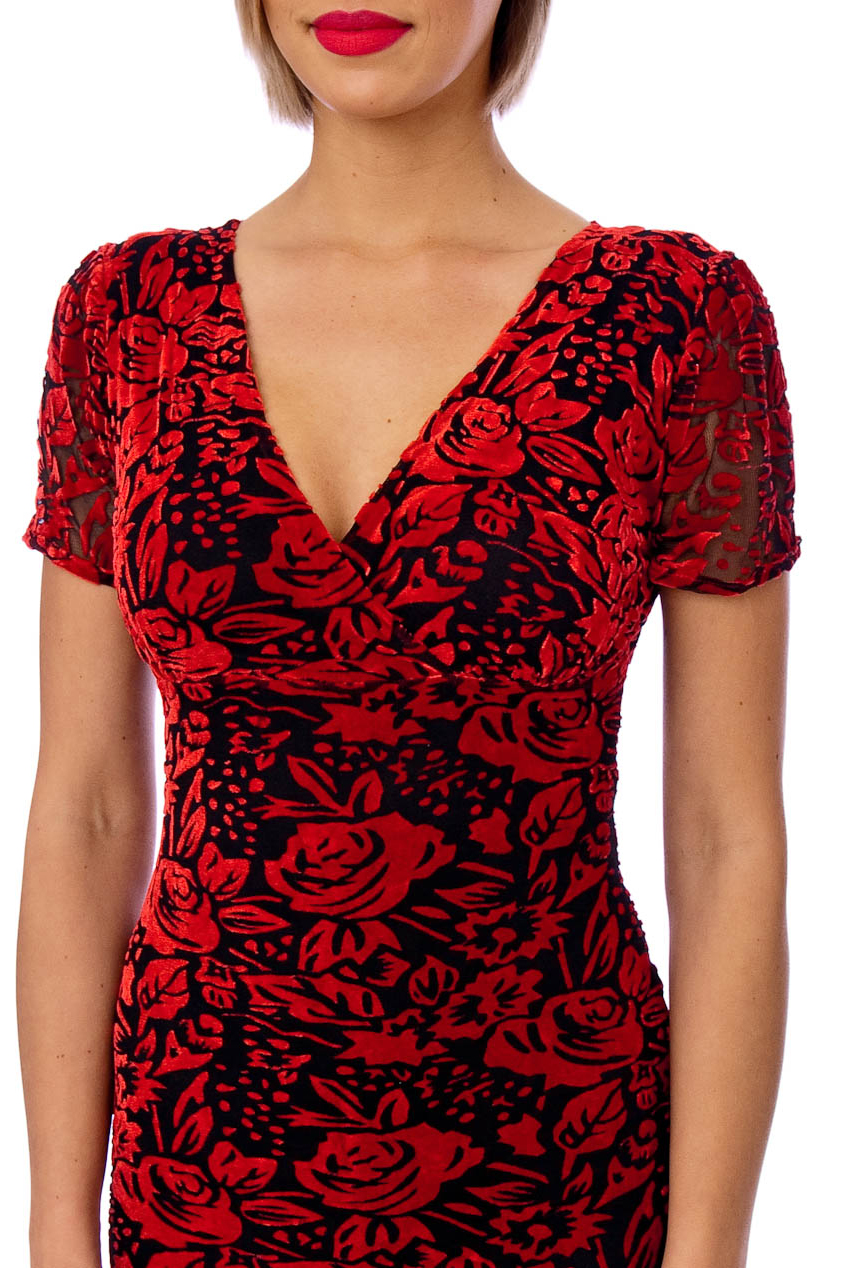Vintage 50s Red Savannah Velvet Floral Dress