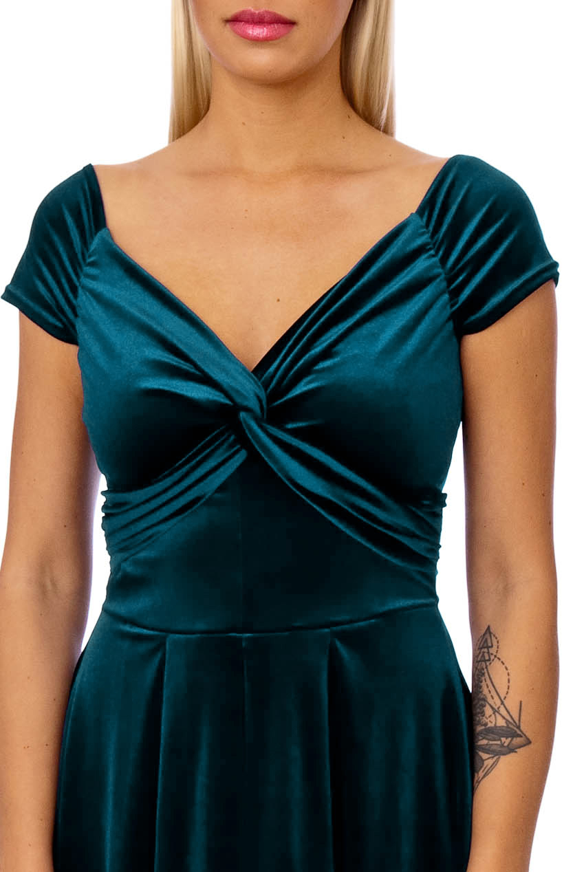 50s Lyddie Twisted Velvet Swing Dress In Green