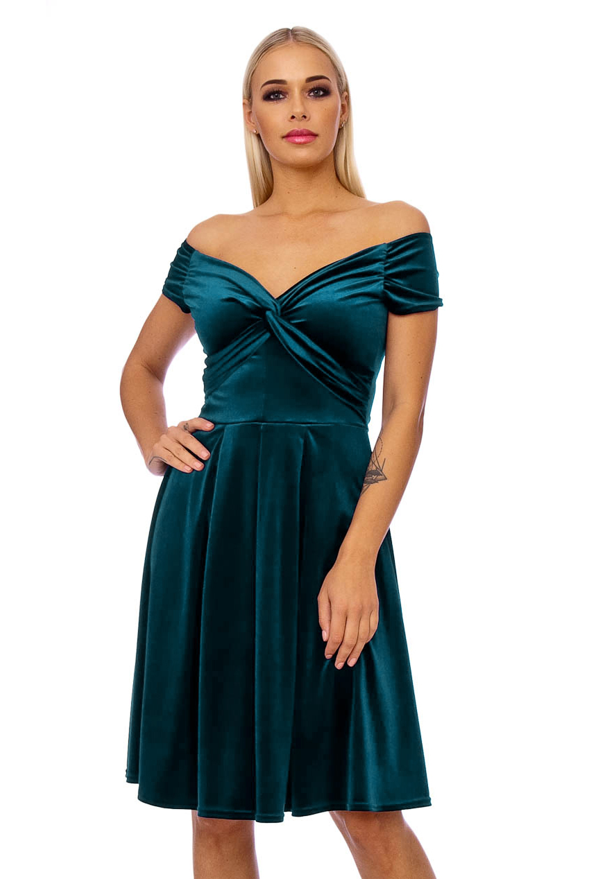 50s Lyddie Twisted Velvet Swing Dress In Green
