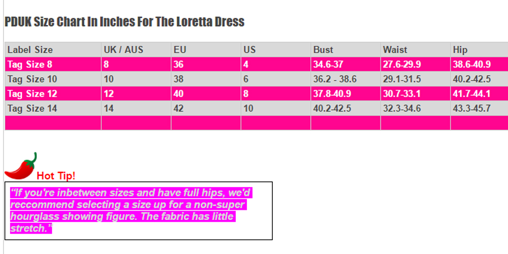 Loretta Size Chart