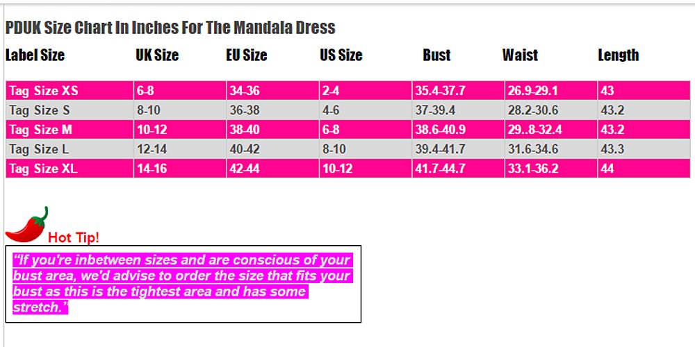 Mandala Dress Size Chart PDUK