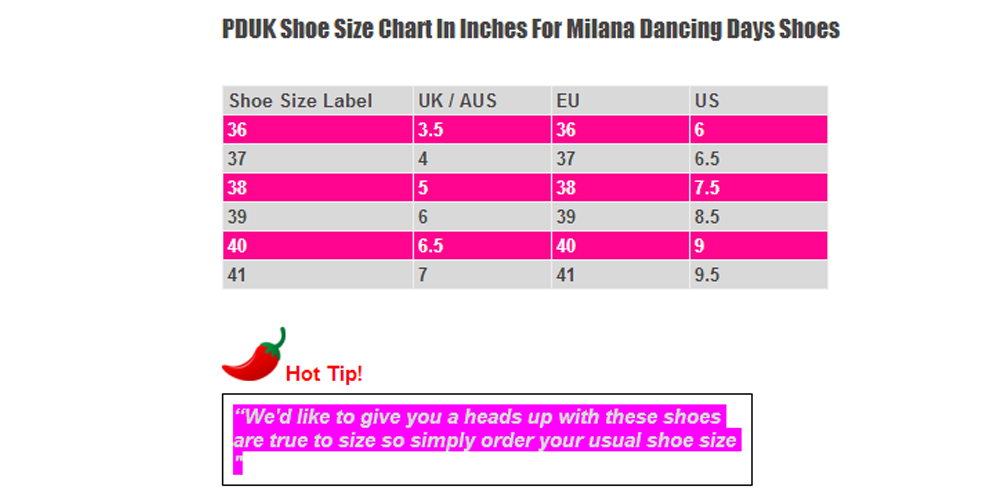 Dancing Days Milana Shoe Size Chart