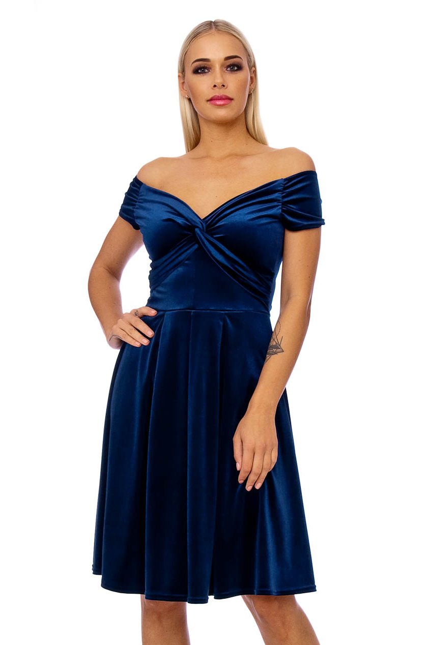 50s Lyddie Twisted Velvet Swing Dress In Navy