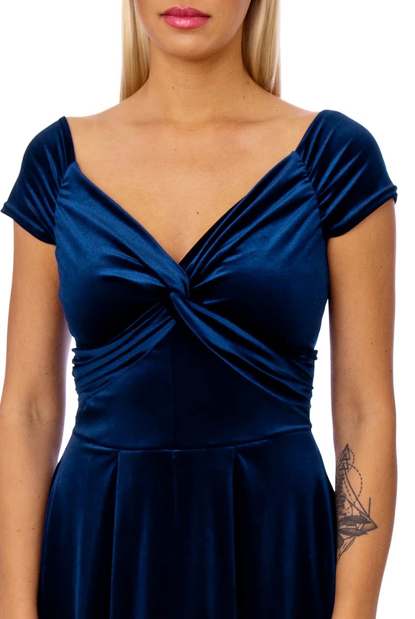 50s Lyddie Twisted Velvet Swing Dress In Navy
