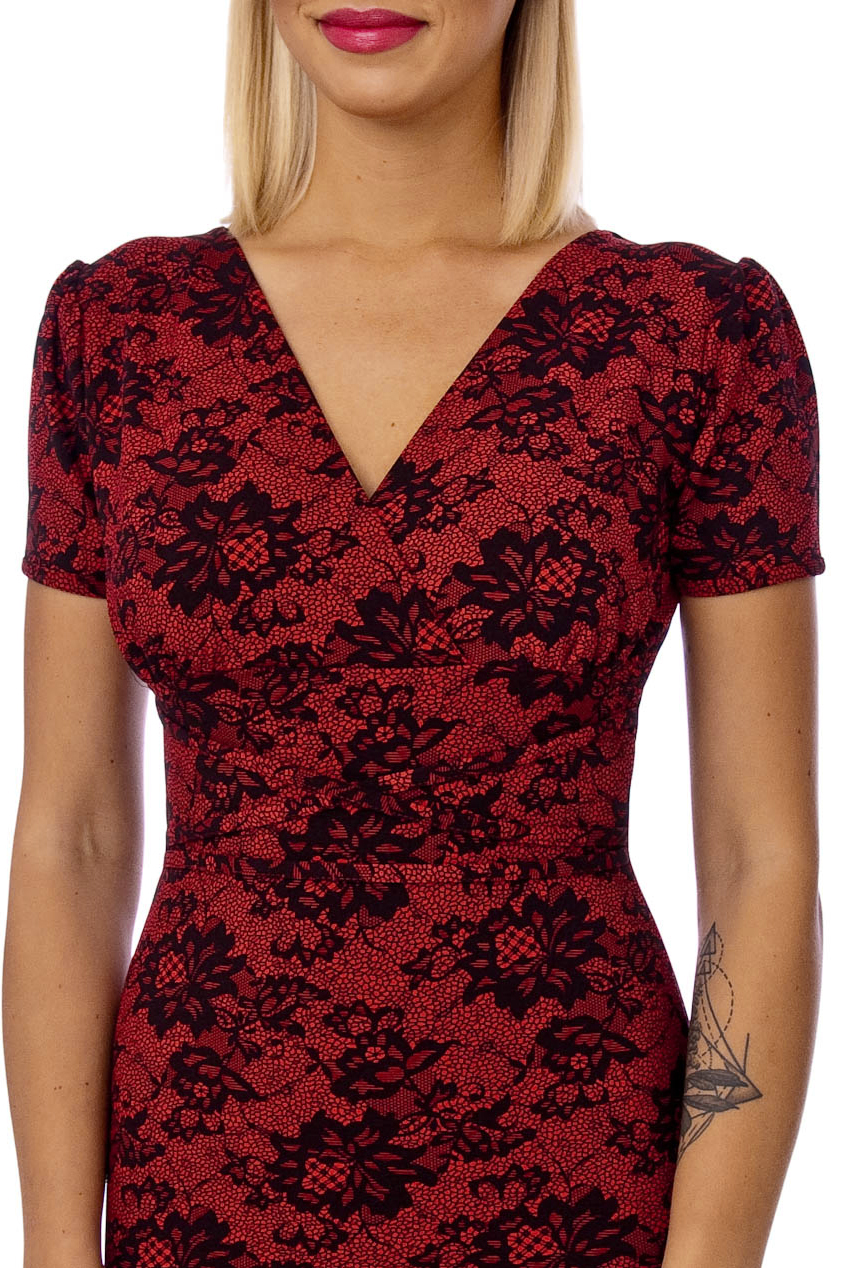 Vintage Dolls Red 50s Sally Lace Print Pencil Dress