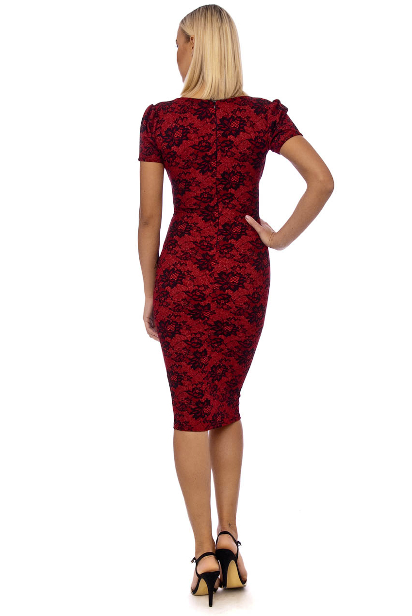 Vintage Dolls Red 50s Sally Lace Print Pencil Dress