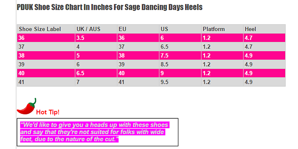 Dancing Days Sage Shoes Size Chart