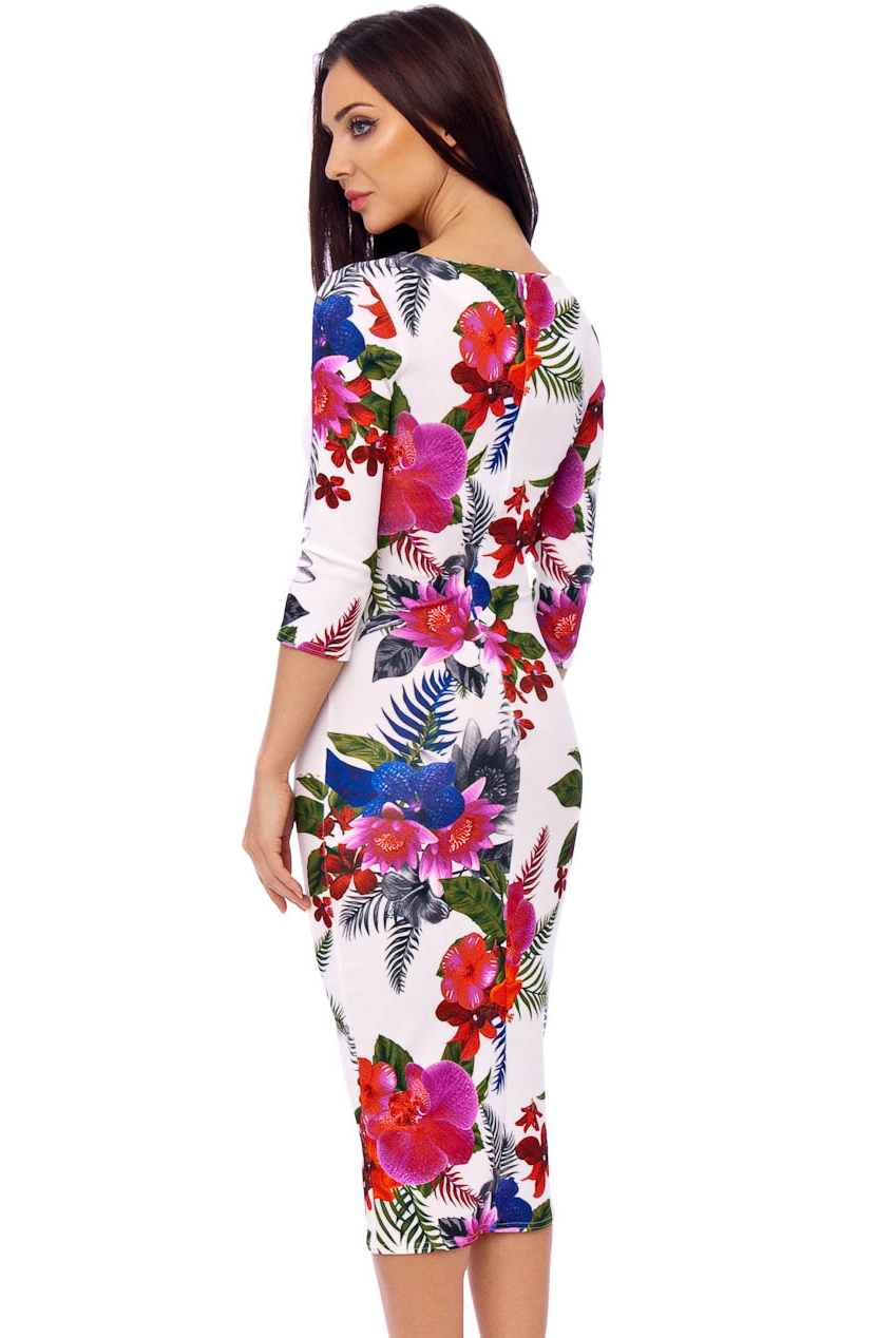 Ursula 60s Floral Wiggle Tropical Floral Dress In White