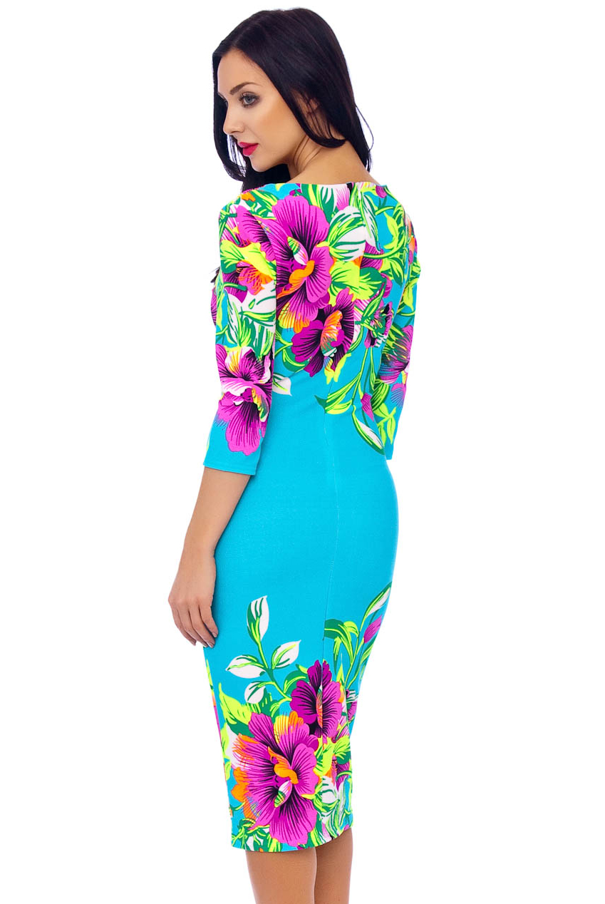 Ursula 60s Floral Wiggle Tropical Dress In Turquoise