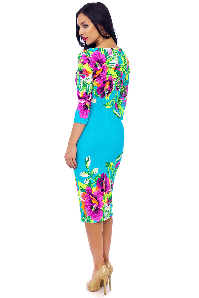 Ursula 60s Floral Wiggle Tropical Dress In Turquoise