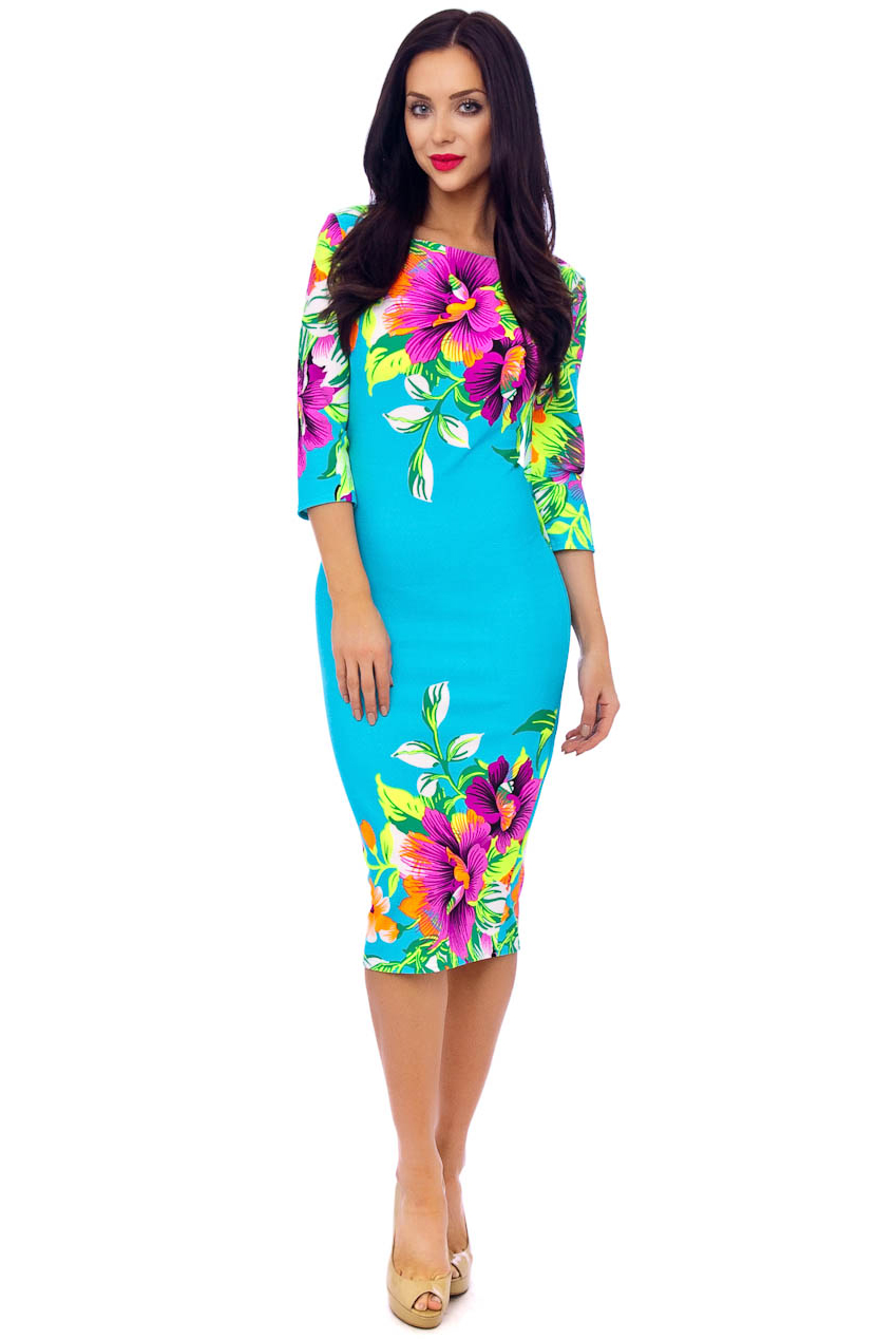 Ursula 60s Floral Wiggle Tropical Dress In Turquoise