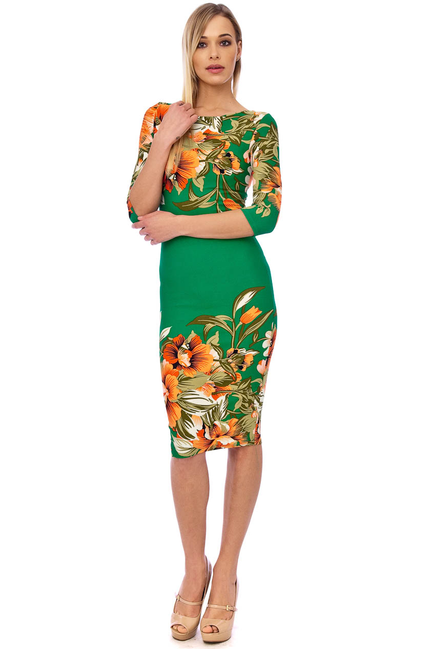 Ursula 60s Floral Wiggle Tropical Dress In Emerald