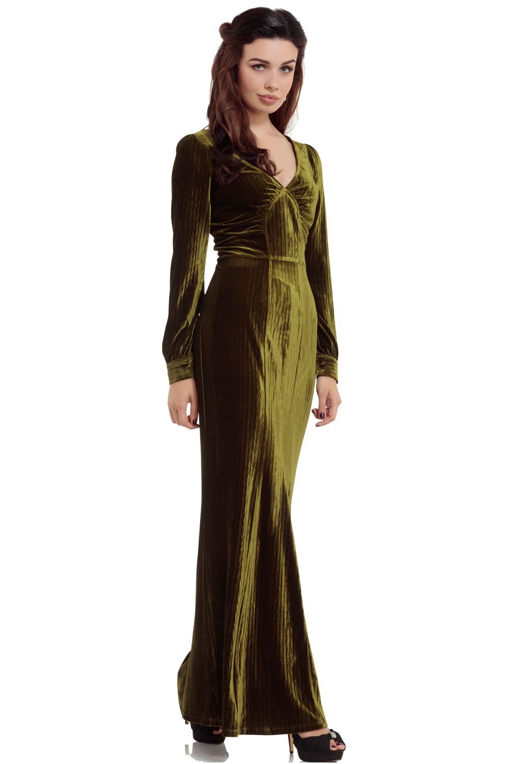 30s Vixen Olive Green Glamour Velvet Dress