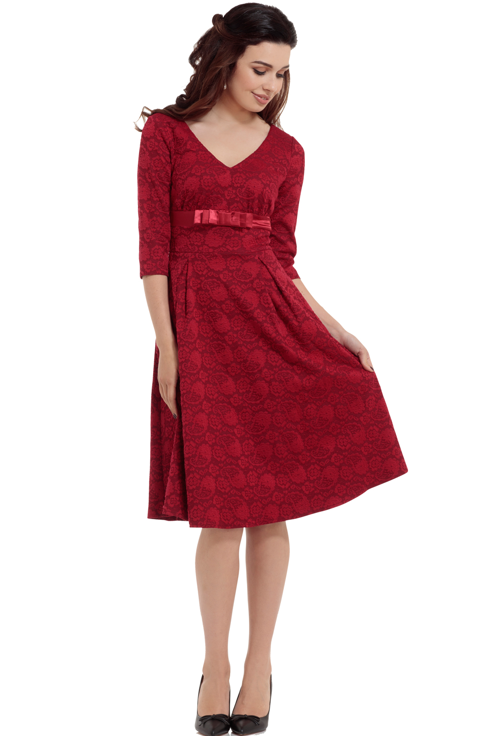 Vixen 50s Jane Jacquard Swing Dress in Burgundy Red